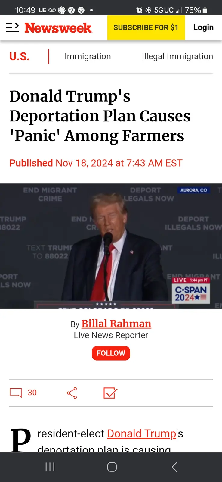 A screenshot of a Newsweek article from November 18, 2024, featuring a photo of Donald Trump speaking at a rally with signs…