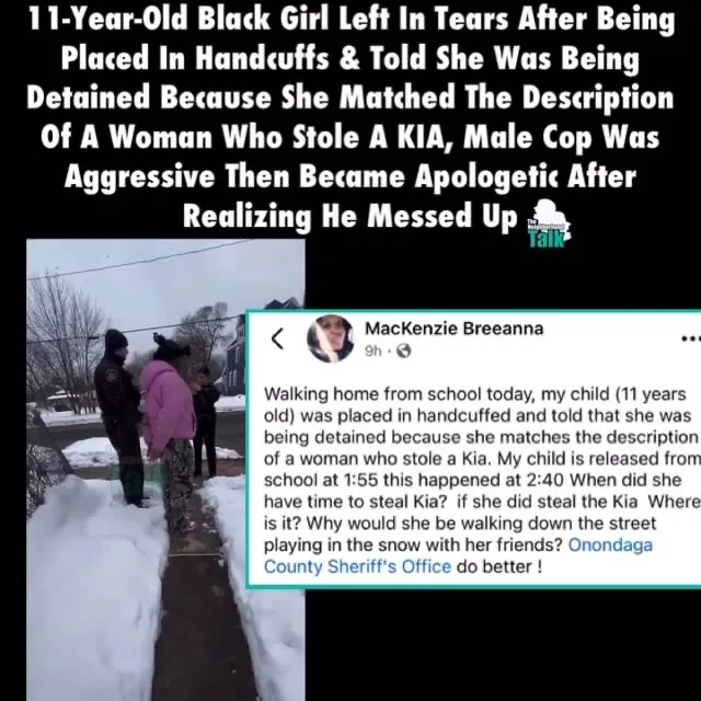 A screenshot of a social media post by 'MacKenzie Breeanna' shows a photo of a police officer speaking to a young girl in a…