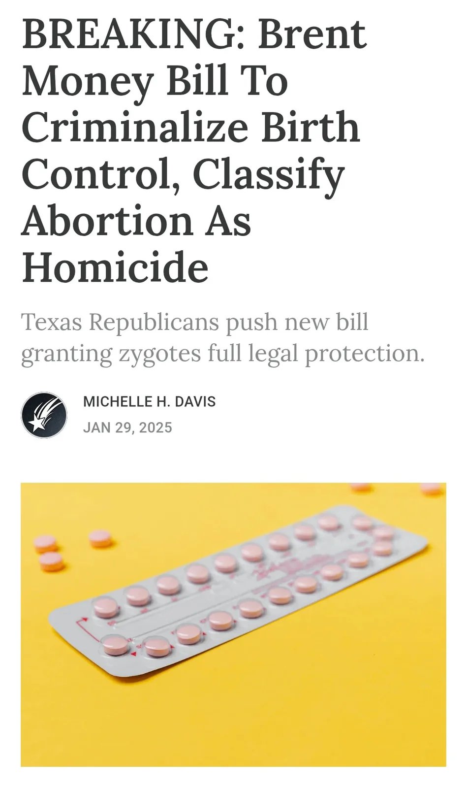 The image displays a fake news article headline claiming a 'Brent Money Bill' to criminalize birth control and classify…