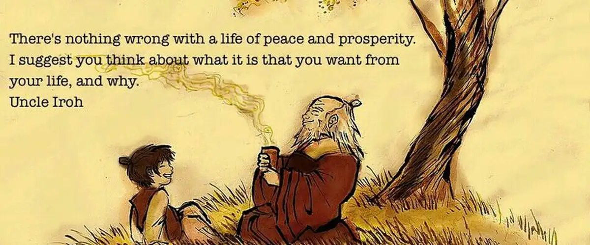 An illustration shows Uncle Iroh, an elderly man with a long white beard wearing a brown robe, sitting under a tree and…