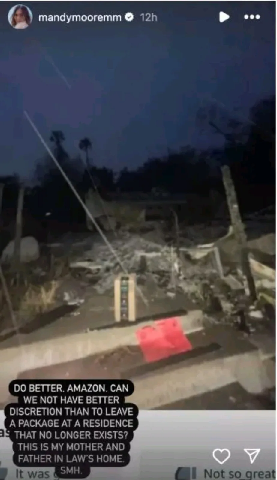 A screenshot of an Instagram Story from user mandymooremm shows a package left on a concrete step at a dark, dilapidated…