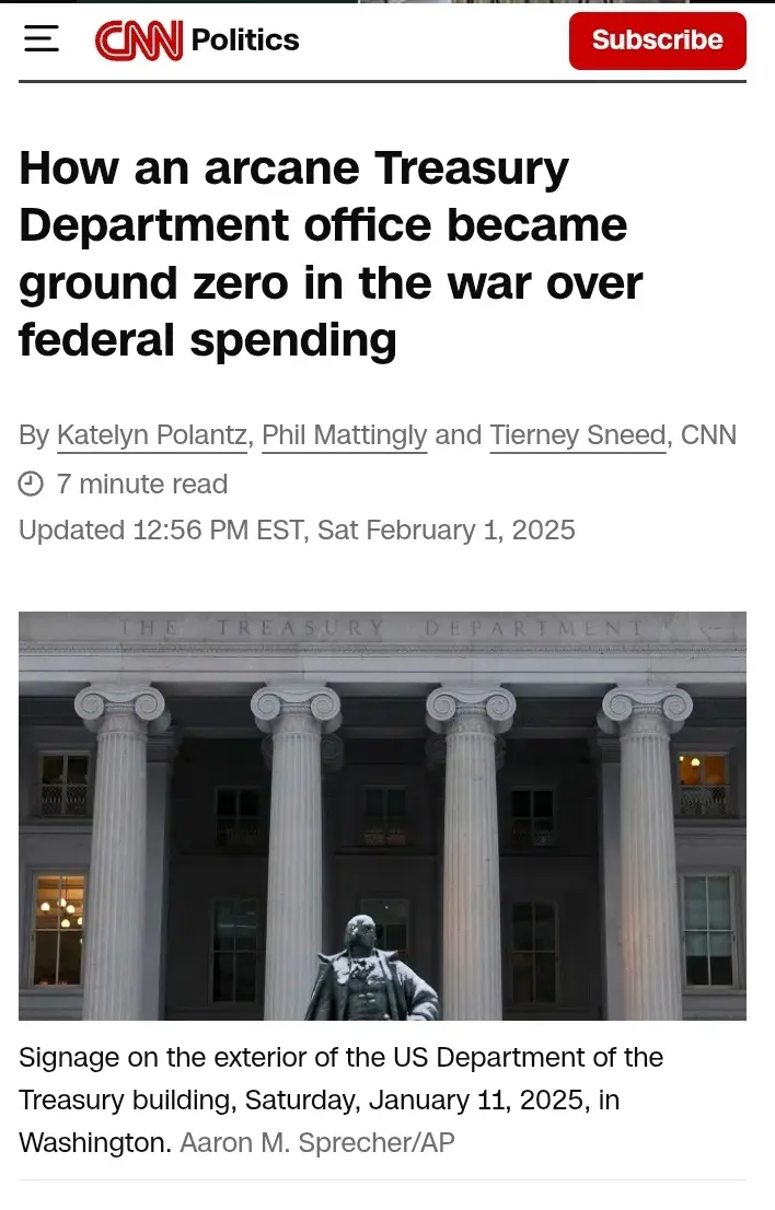 A screenshot of a CNN Politics article titled 'How an arcane Treasury Department office became ground zero in the war over…