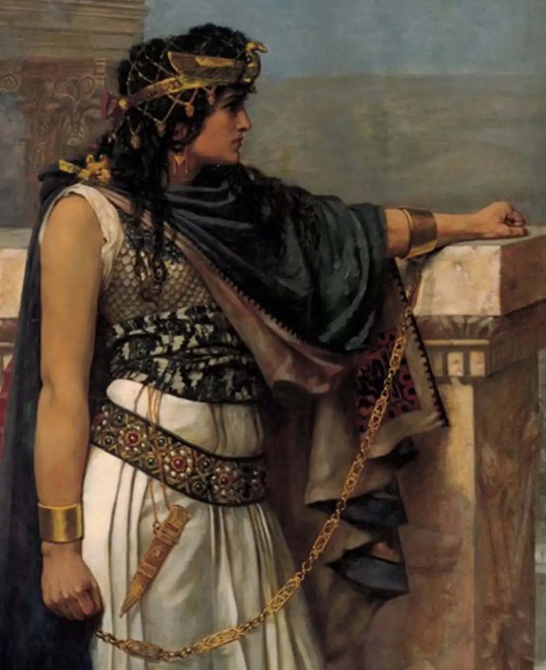 A classical painting depicts a woman in ancient Greek attire, including a golden headpiece, ornate belt, and draped…