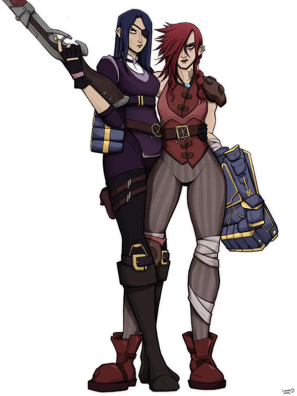 Two female video game characters, one with dark hair and an eyepatch holding a large gun, the other with red hair and a…