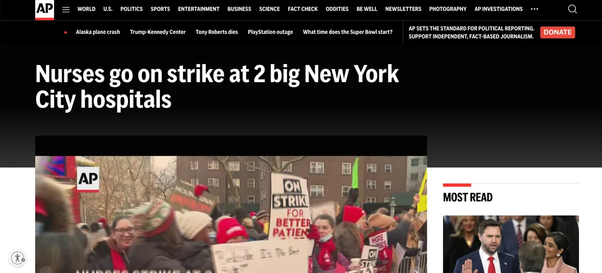 A screenshot of an Associated Press news article header showing a protest with nurses holding signs like 'ON STRIKE FOR…