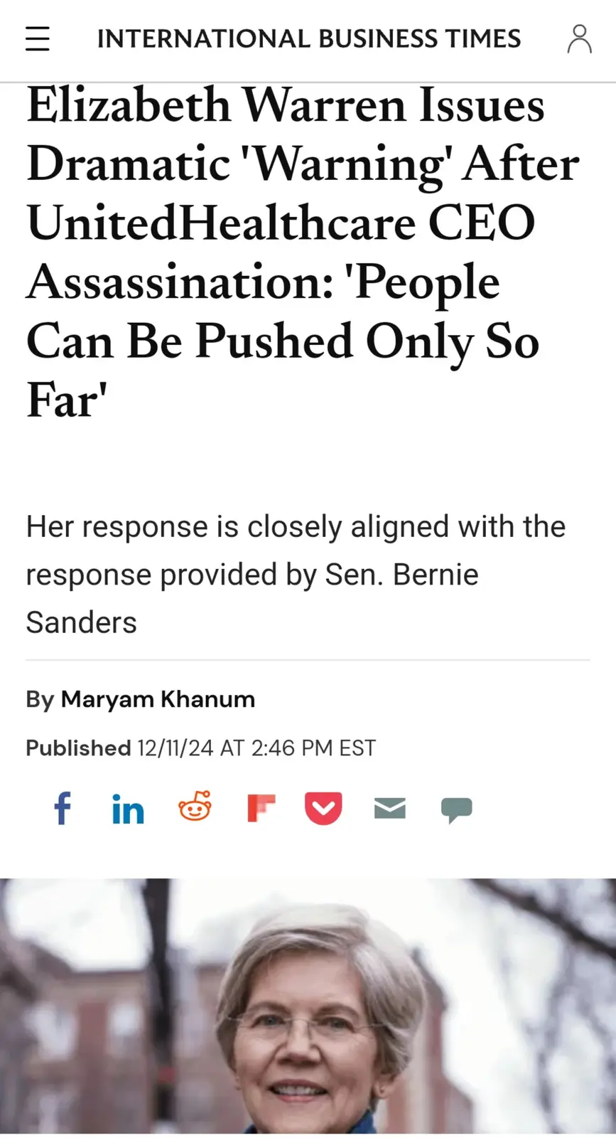 A screenshot of an International Business Times article headlined with a fictional and absurd claim that Elizabeth Warren…
