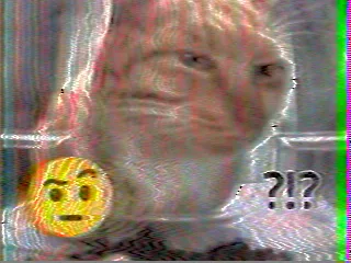 A heavily pixelated and distorted image of a cat's face, with a confused emoji and the text '??!?' overlaid on the right…