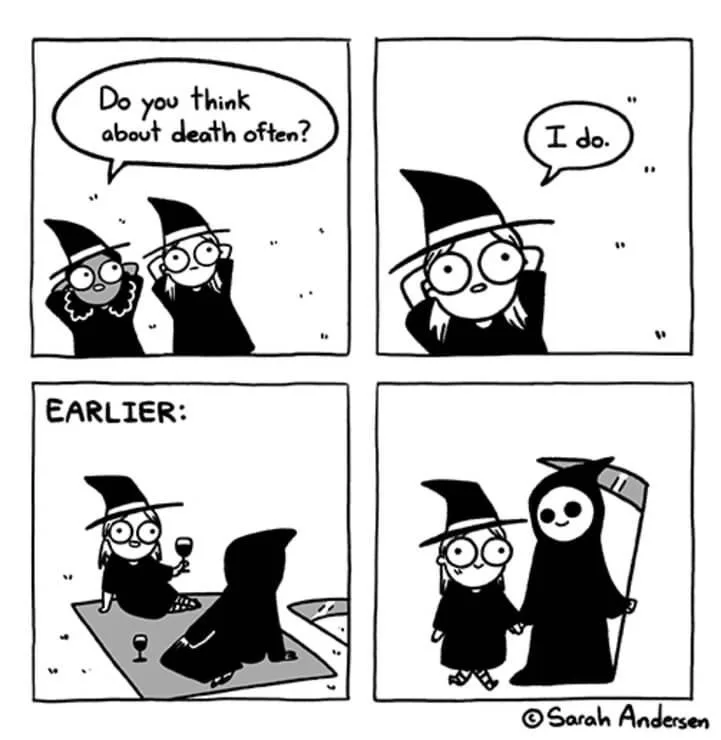 A four-panel comic strip by Sarah Andersen shows two cartoon witches. In the first panel, one witch asks the other if she…