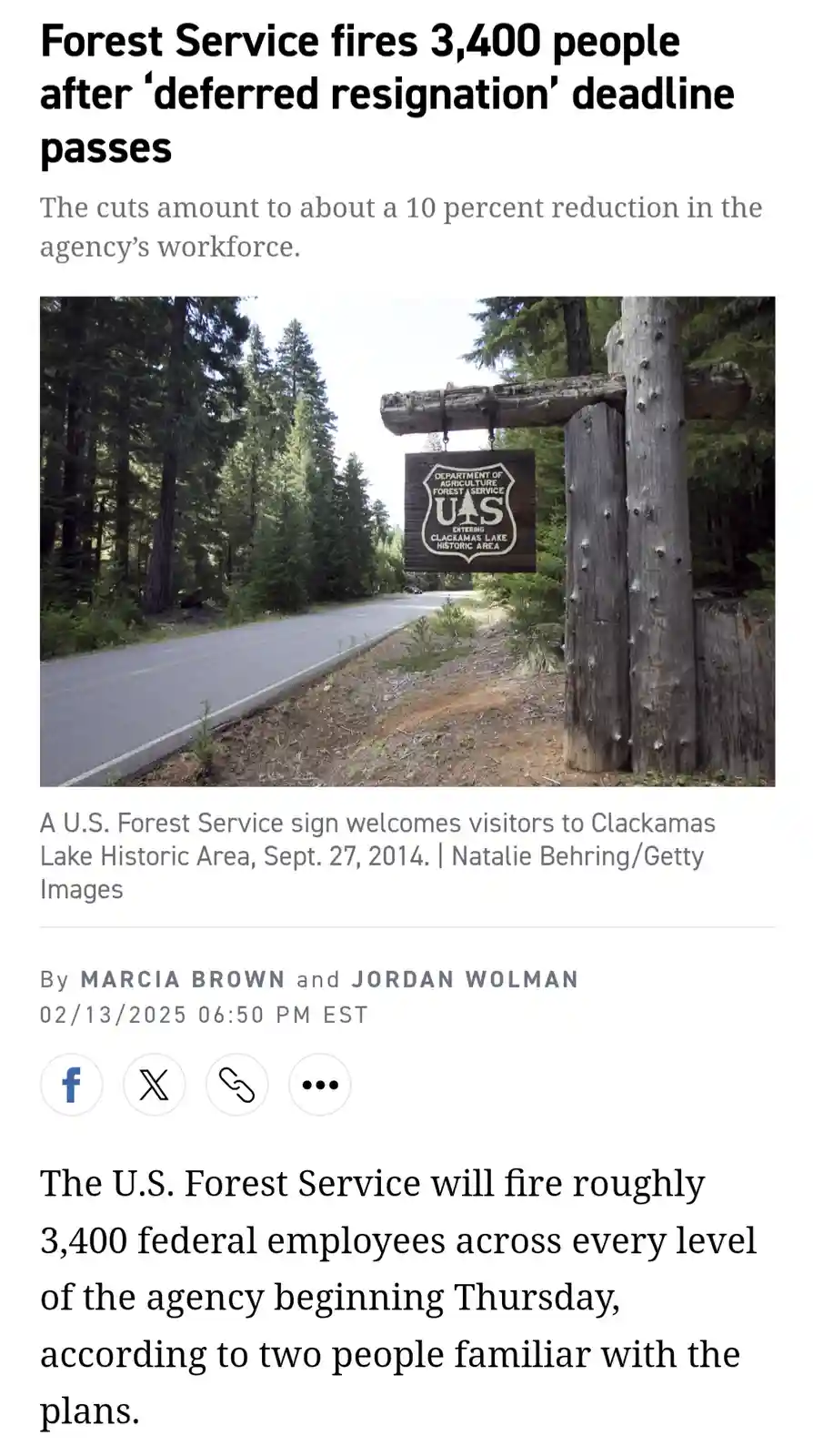 A news article screenshot shows a U.S. Forest Service sign at a forest road entrance, with the headline stating the agency…