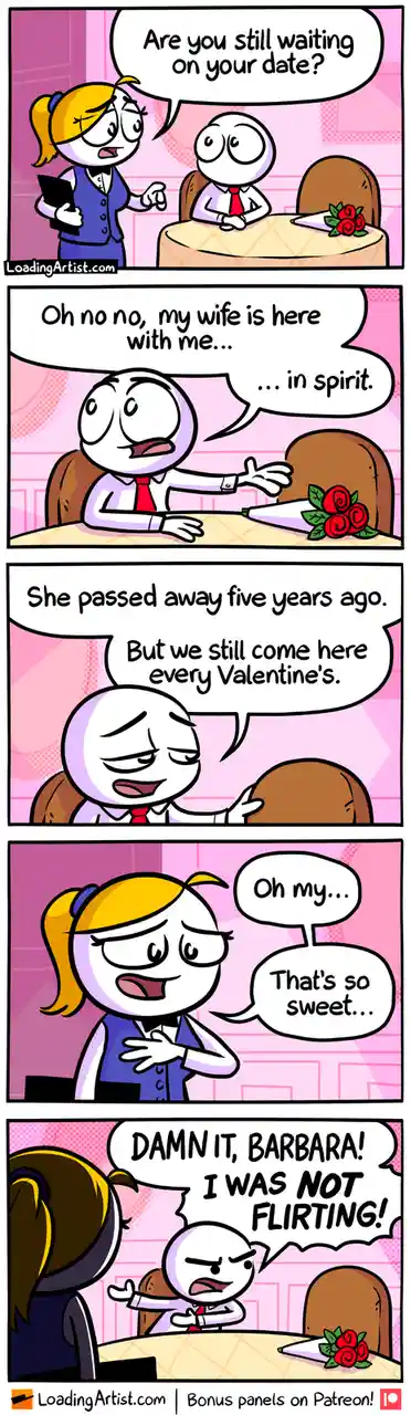 A four-panel comic shows a waiter asking a man if he's still waiting for his date. The man claims his deceased wife is 'here…