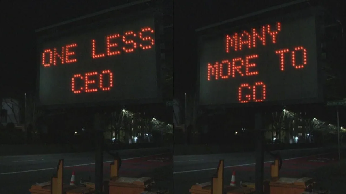 Two side-by-side nighttime photos show a digital road sign displaying the message 'ONE LESS CEO' in the left image and 'MANY…
