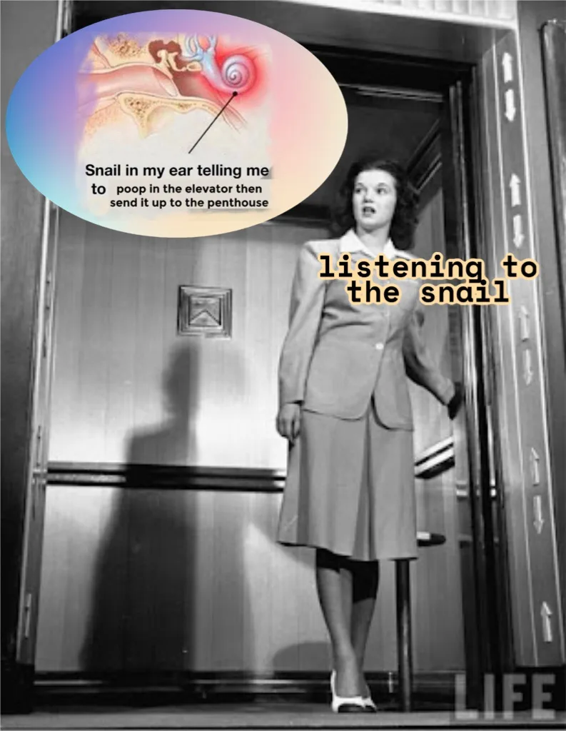 A black-and-white photo of a woman standing in an elevator doorway, looking upward with a shocked expression. An oval…
