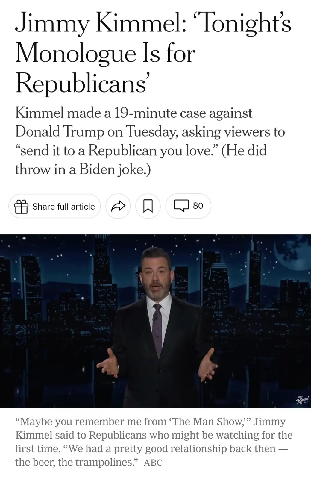 An article screenshot shows Jimmy Kimmel on his talk show set against a nighttime city skyline, with overlaid text…