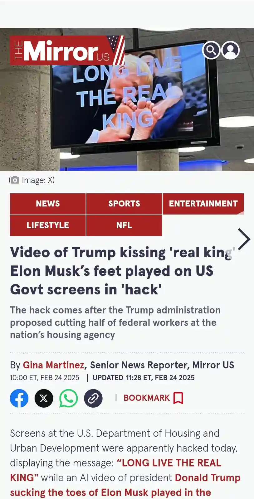 A screenshot of a news article from 'The Mirror US' shows a TV screen displaying the text 'LONG LIVE THE REAL KING' over an…