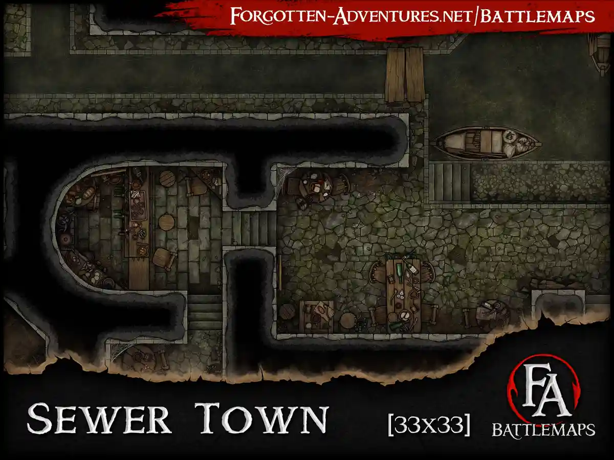 A top-down fantasy battlemap depicts a grimy, underground sewer town with stone-paved streets, wooden tables with scattered…