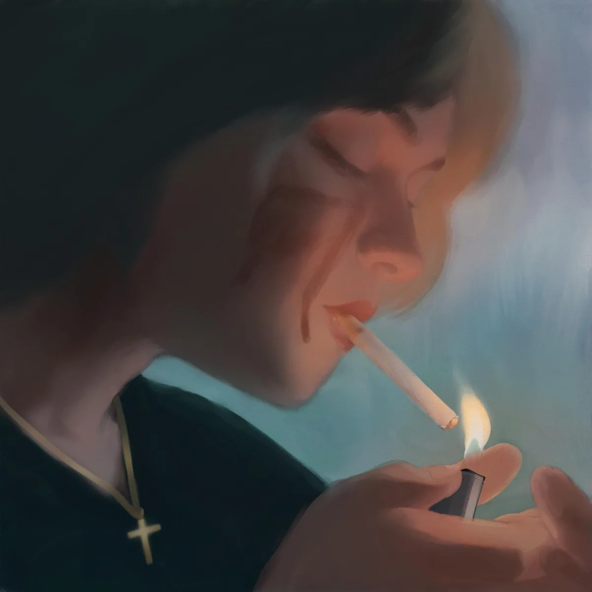A painterly image shows a person with short dark hair, wearing a dark robe and a gold cross necklace, lighting a cigarette…