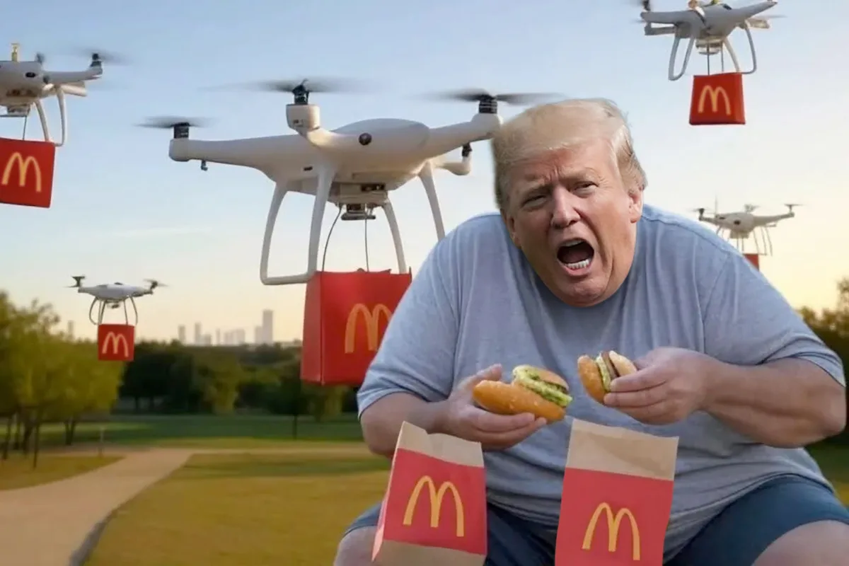 A man with blonde hair and a blue shirt is crouching outdoors, holding two McDonald's burgers and two paper bags with the…