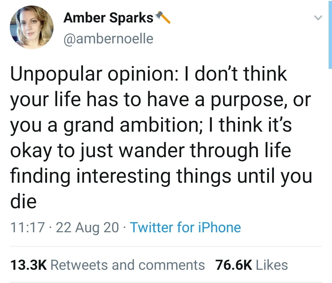 A screenshot of a Twitter post by Amber Sparks (@ambernoelle) from August 22, 2020, showing her tweet stating an 'unpopular…