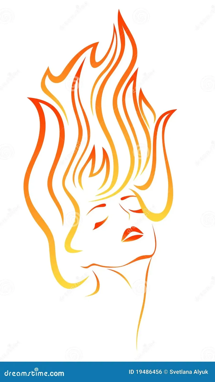 A stylized illustration of a woman's face in profile, her hair rendered as vibrant orange and yellow flames against a white…