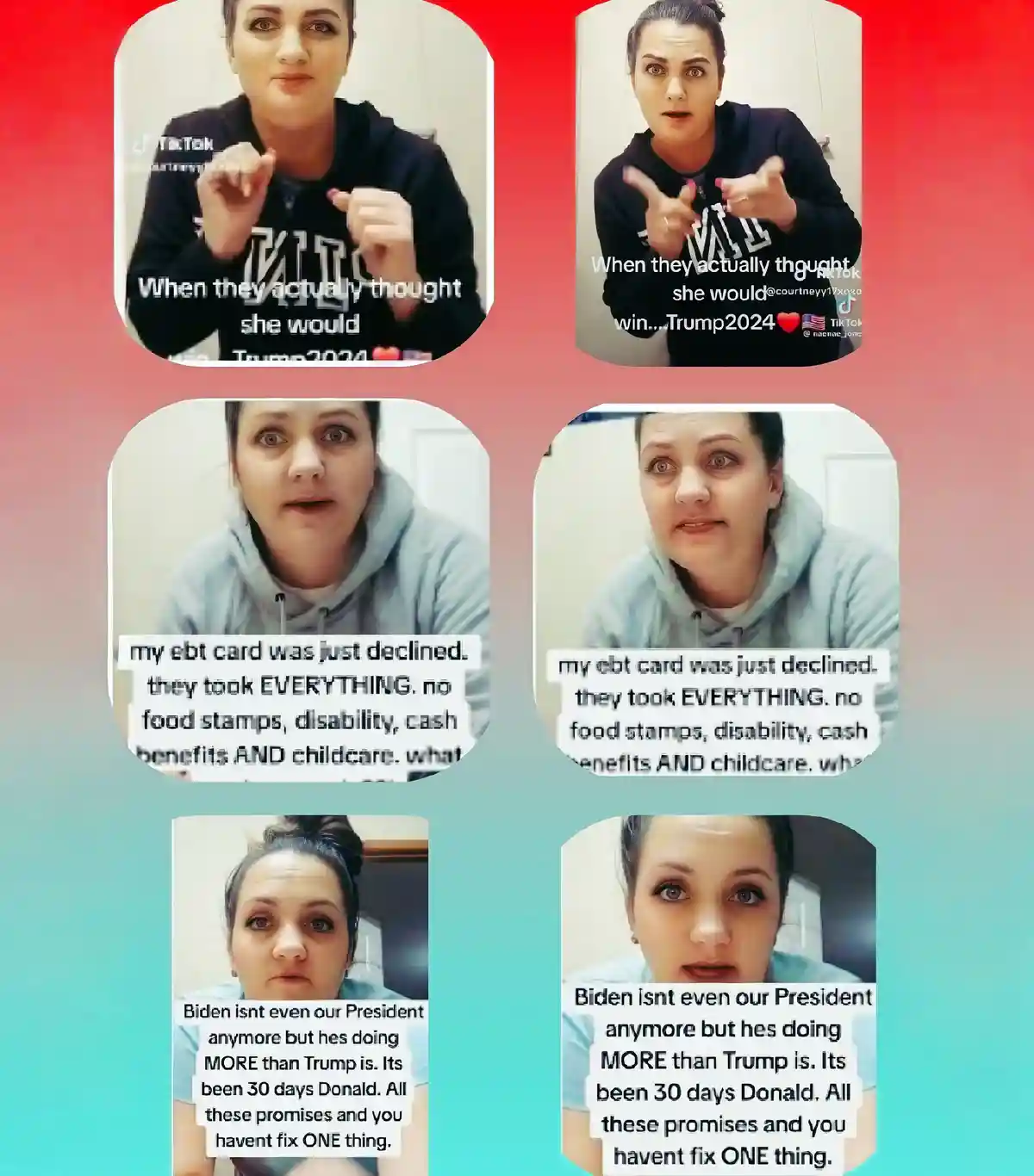 A collage of six images of a woman with varying expressions, overlaid with text criticizing political figures. The top two…