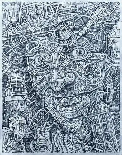A highly detailed black-and-white pencil drawing depicts a chaotic, steampunk-style mechanical face composed of gears…