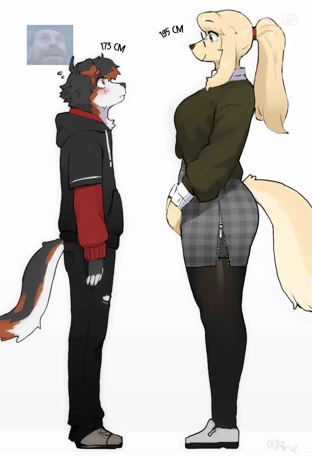 Two anthropomorphic characters stand side-by-side, one shorter at 173 cm and one taller at 195 cm. The shorter character, a…