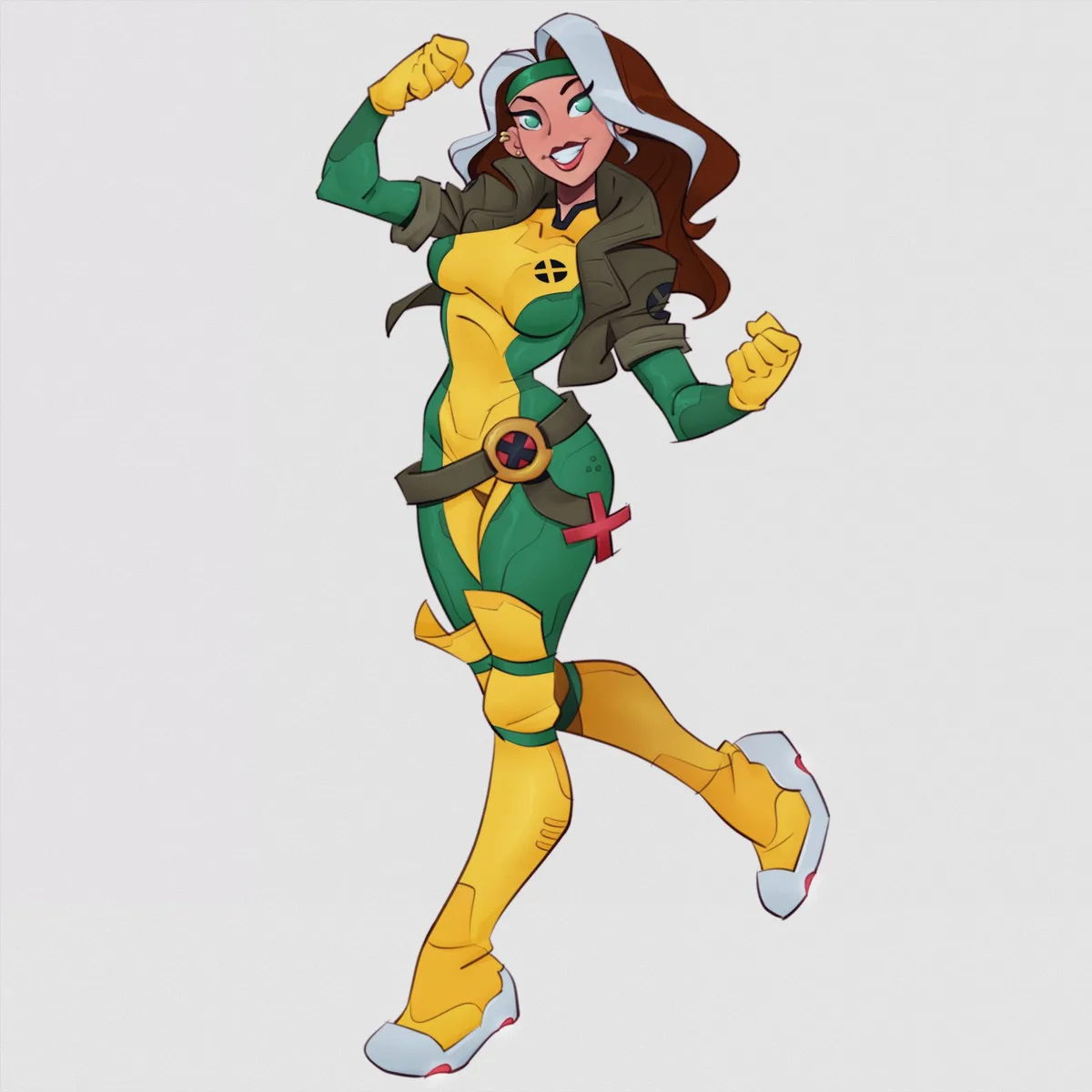 A cartoon-style female superhero with brown hair, green eyes, and a white hood, wearing a yellow and green X-Men uniform…