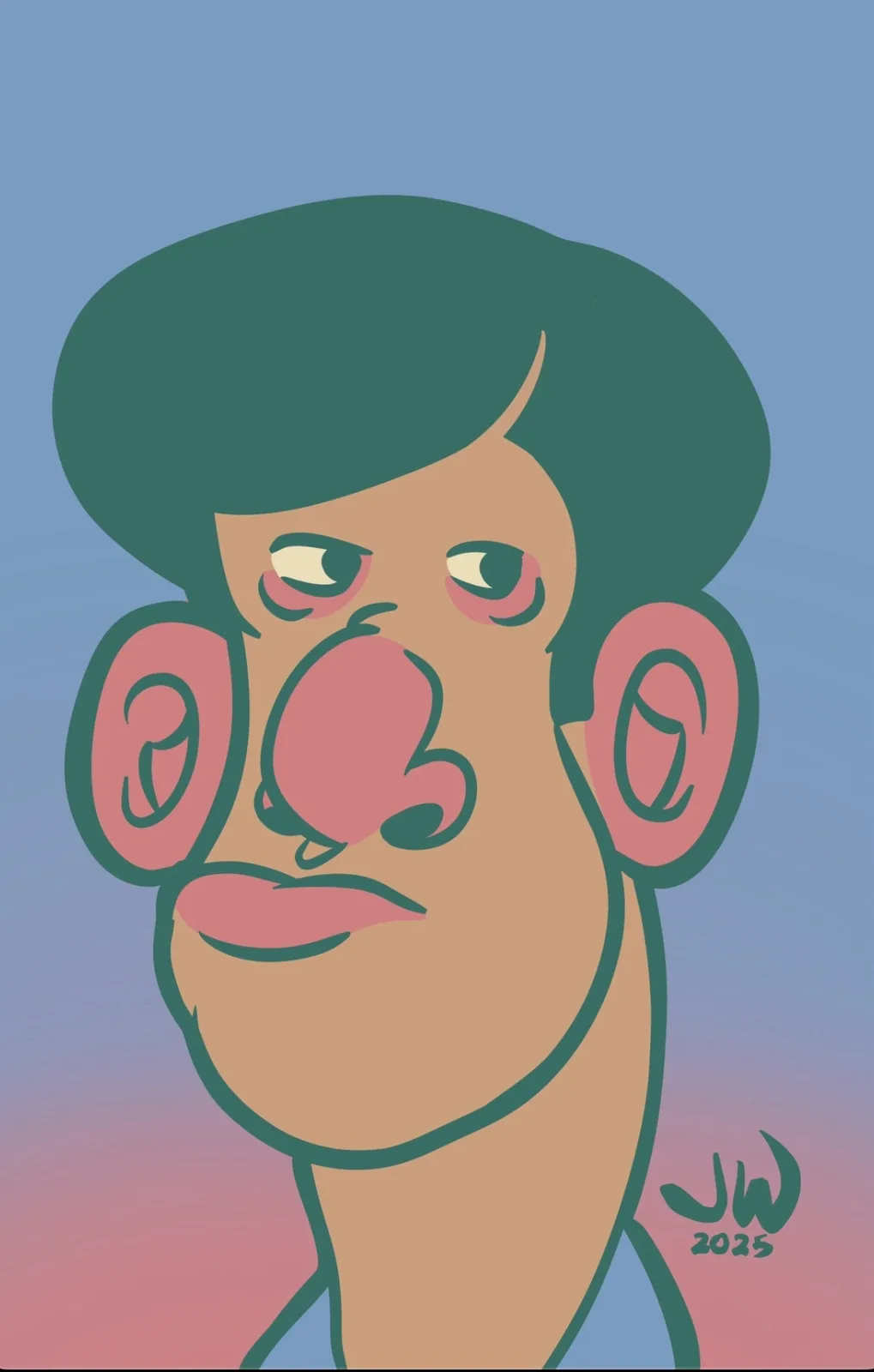 A stylized cartoon illustration of a man with exaggerated features including large ears, a prominent nose, and tired-looking…
