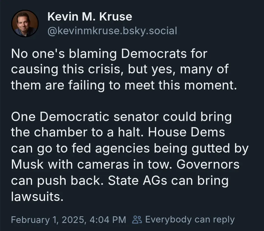 A screenshot of a post by Kevin M. Kruse on a social media platform, featuring white text on a dark background. The post…