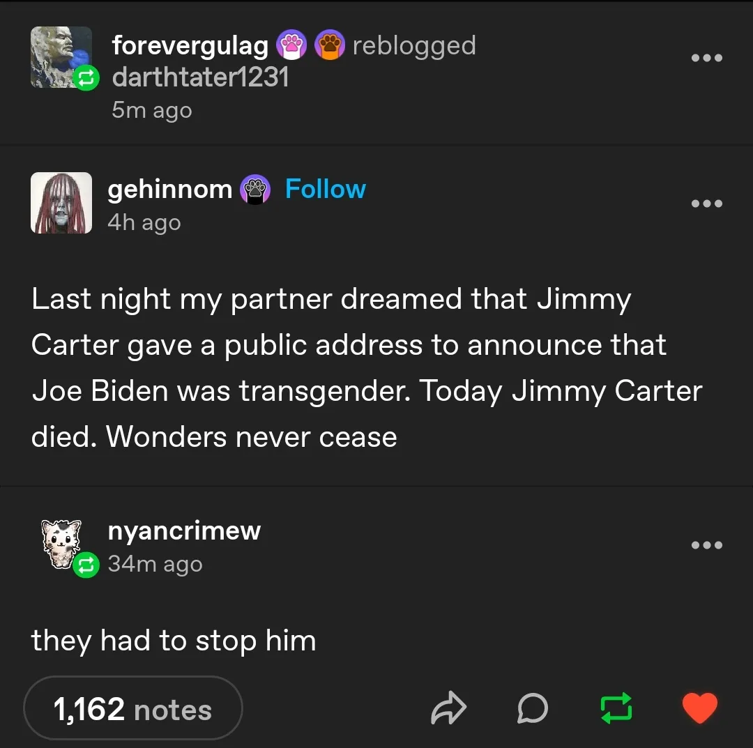 A screenshot of a Tumblr post showing a user named 'gehinnom' sharing a bizarre dream about Jimmy Carter announcing Joe…