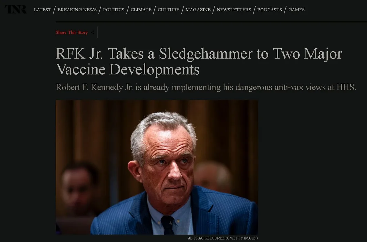 A screenshot of a news article from The New York Times featuring a photo of Robert F. Kennedy Jr. looking serious in a blue…