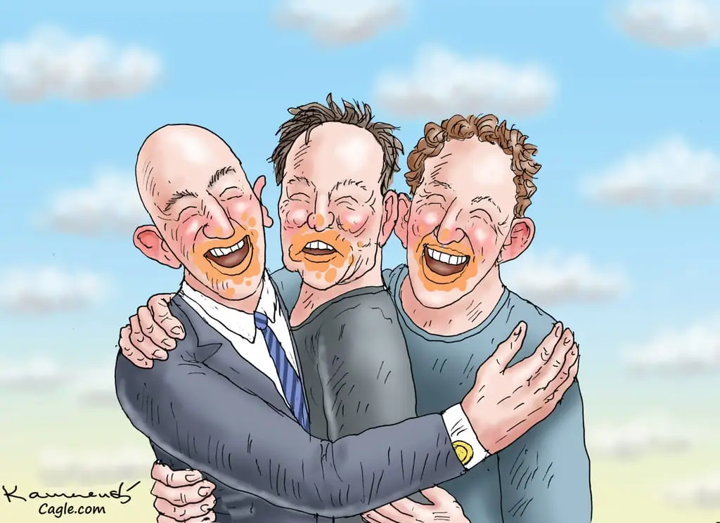 Three men are hugging joyfully against a blue sky with clouds; all have orange facial stains resembling spilled sauce. The…