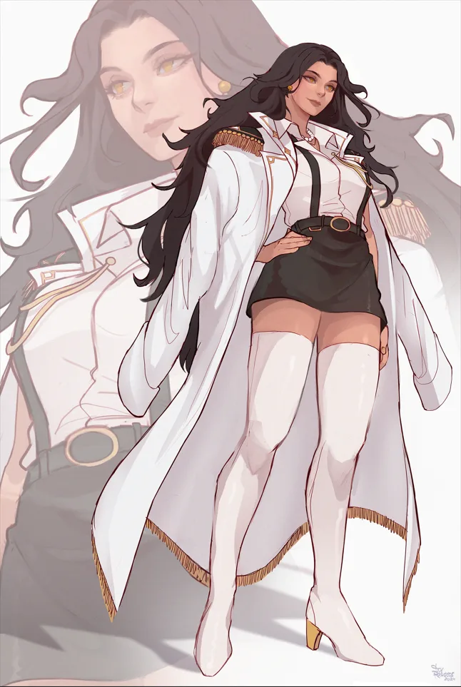 An anime-style illustration of a woman with long dark hair and golden eyes, wearing a white military-style coat with gold…