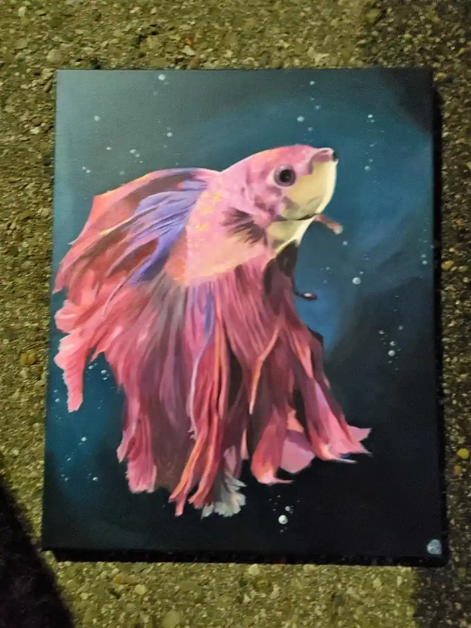 A painting of a pink and purple betta fish with elaborate fins, set against a dark blue background speckled with white dots…