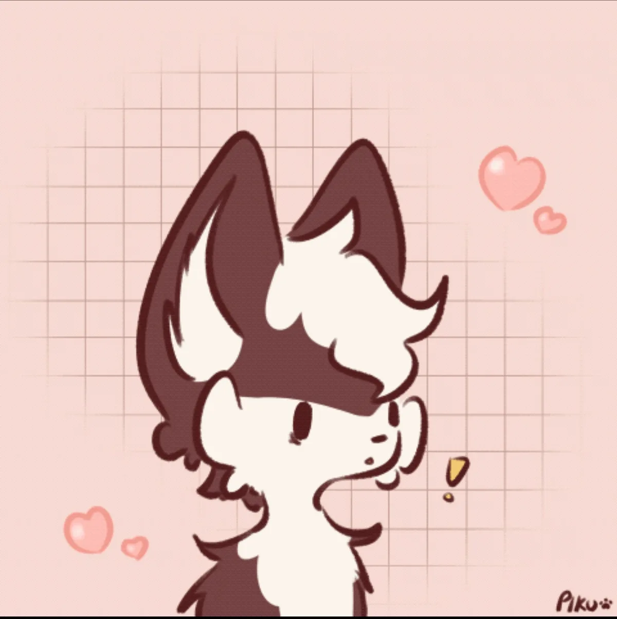 A cute, stylized cartoon character with large pointed ears and fluffy white fur is shown in profile against a pink grid…