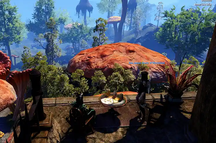 A screenshot from The Elder Scrolls Online shows two characters seated at a small table on a stone balcony overlooking a…