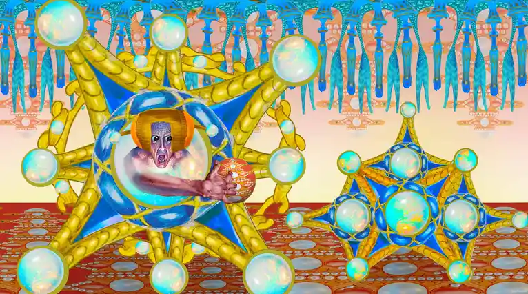 A surreal, ornate digital artwork features a central figure with a shocked expression, wearing a golden helmet and emerging…