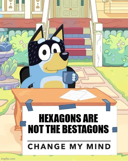 A cartoon blue heeler dog sits at a wooden desk outdoors, holding a mug, with a white sign taped to the desk that reads…