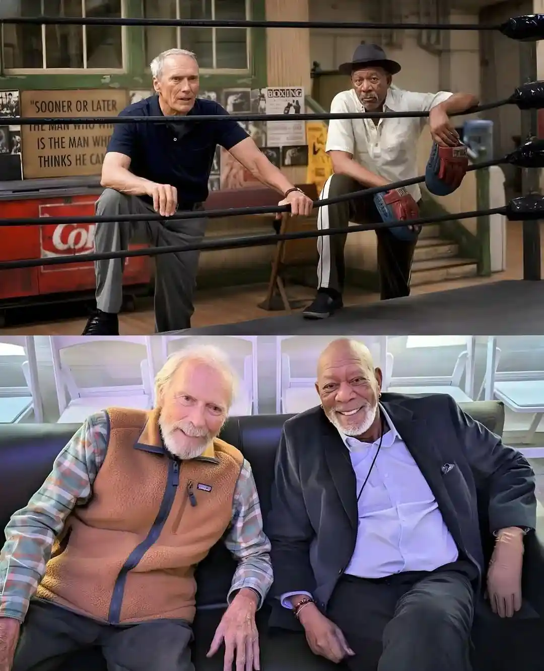 The top panel shows two older men, Clint Eastwood and Morgan Freeman, leaning on a boxing ring's ropes in a gym setting…