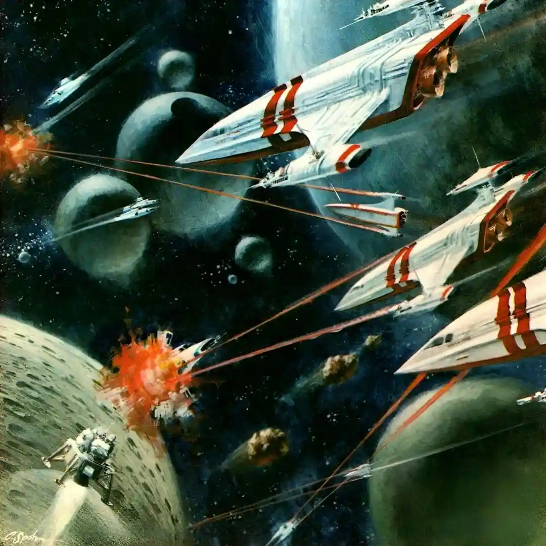 A vintage science fiction painting depicts a chaotic space battle with multiple white and red striped spaceships firing…