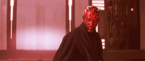 A still image of Darth Maul from Star Wars, shown in two rows of three panels each, with a red-tinted background and his…