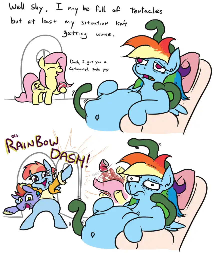 A two-panel comic featuring a blue pony with tentacles (Rainbow Dash) lying on a couch, initially calm while a pink pony…