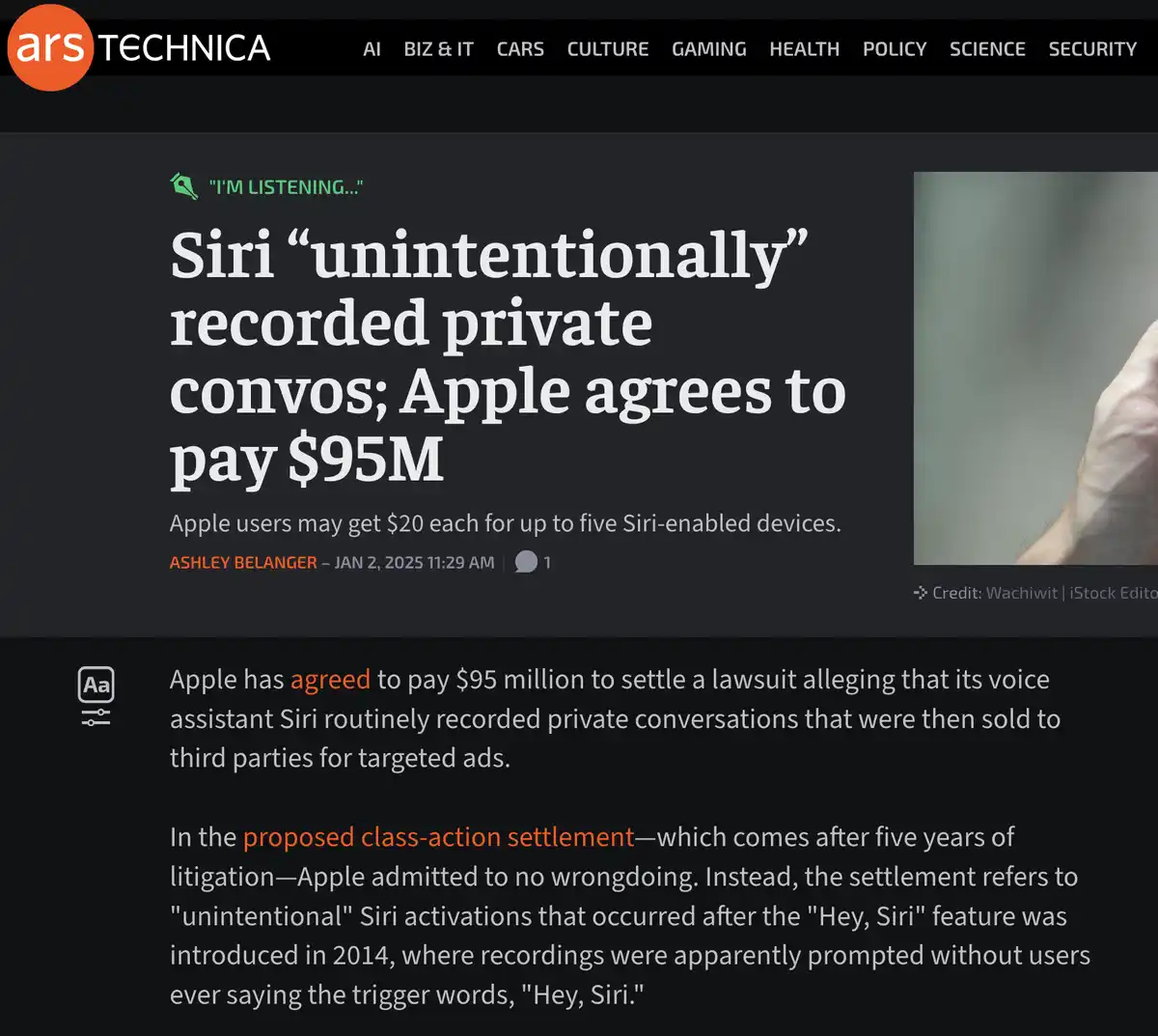 An Ars Technica article screenshot with a headline about Siri allegedly recording private conversations and Apple agreeing…