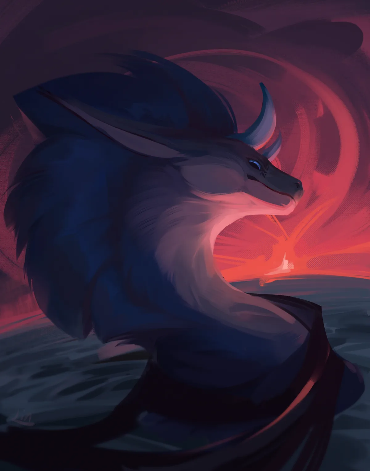 A stylized digital painting of a dark blue dragon with horns and a flowing mane, coiled and facing right, set against a…