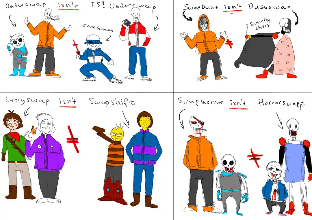 A four-panel comic drawing various fan-made characters from the Undertale universe, each panel showing two characters with…