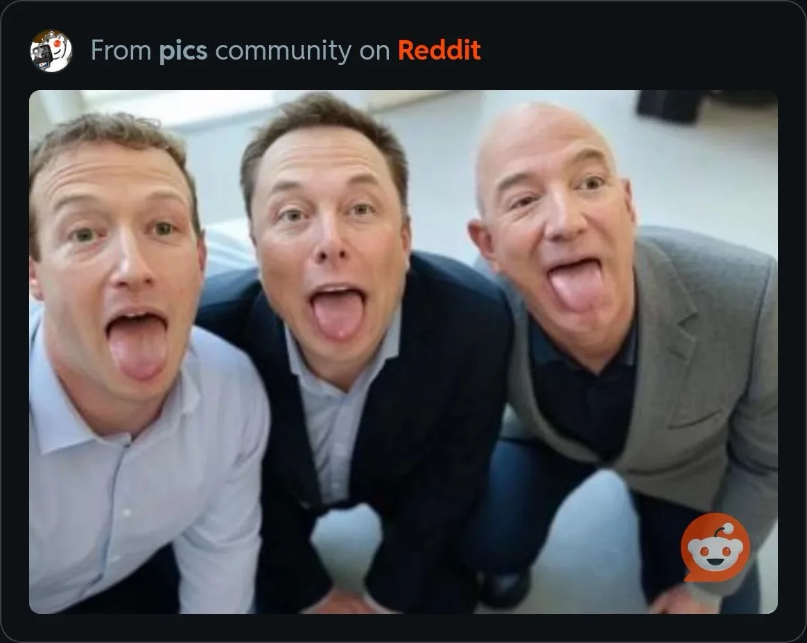 Three men, identified as Mark Zuckerberg, Elon Musk, and Jeff Bezos, are shown in a selfie-style photo, all sticking their…