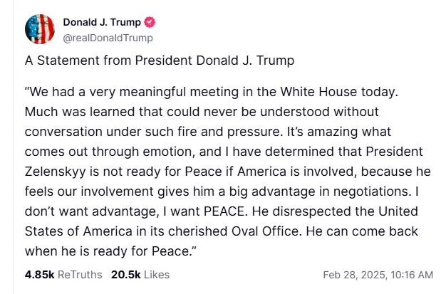 A screenshot of a tweet from Donald J. Trump's account, dated February 28, 2025, showing a fabricated 'Statement from…