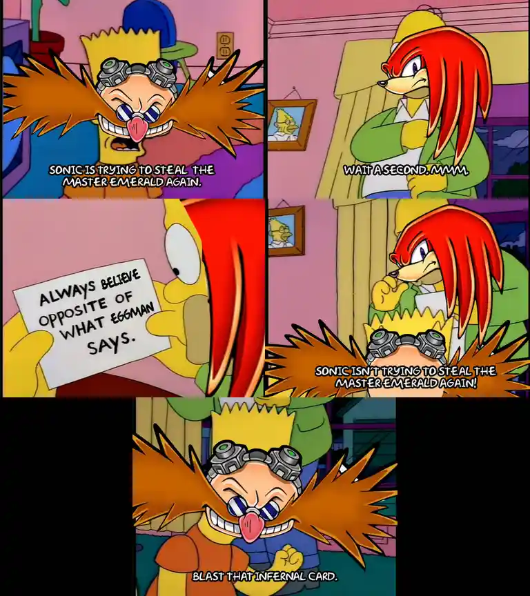 A four-panel comic strip featuring Bart Simpson with Eggman's face and Knuckles the Echidna. Bart, wearing Eggman's goggles…