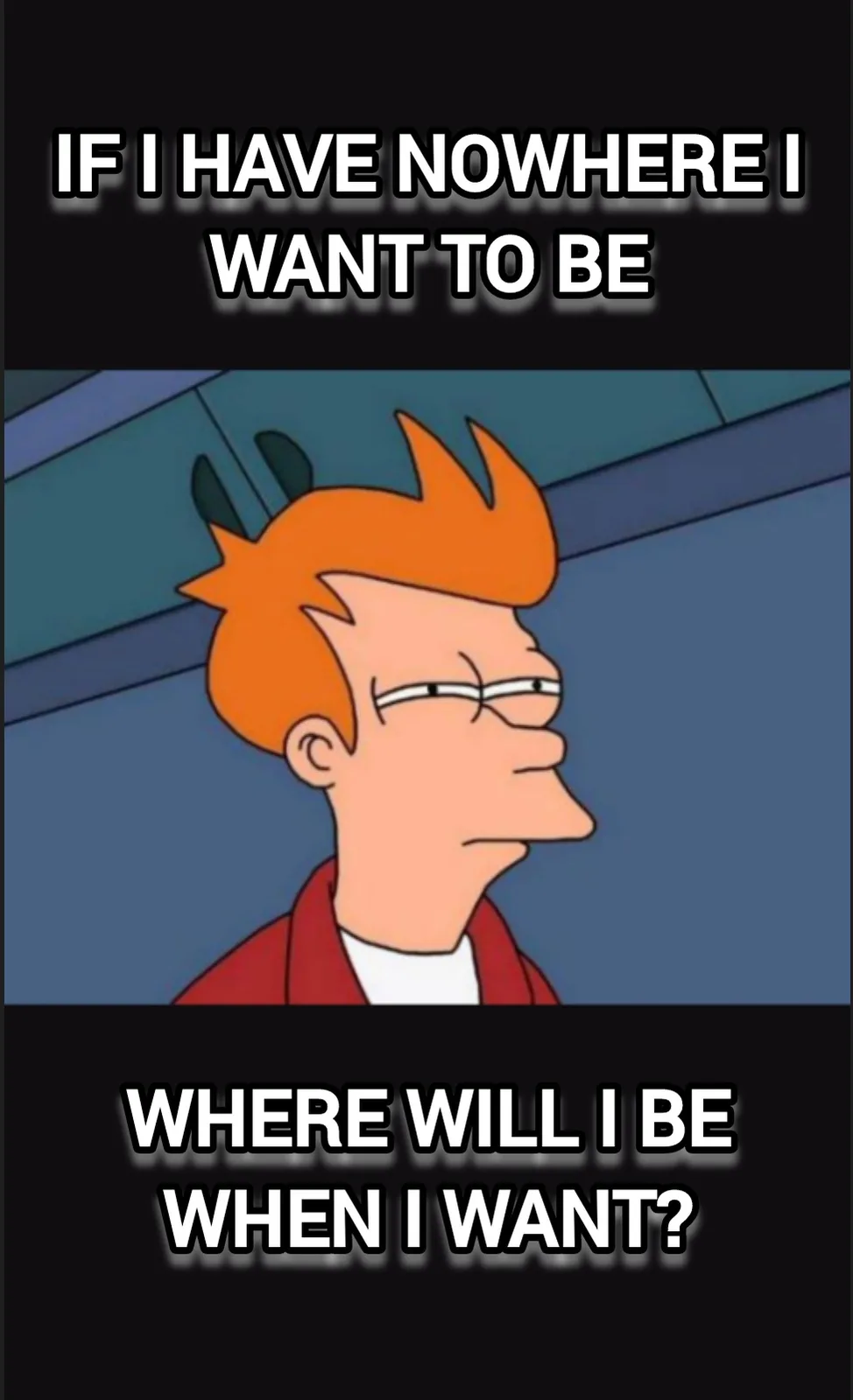 The image shows a side profile of the animated character Fry from Futurama, looking slightly confused or contemplative. The…