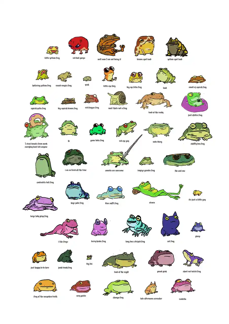 A grid of 40+ cartoon frogs and toads, each with a unique design and a humorous, often self-referential caption underneath…